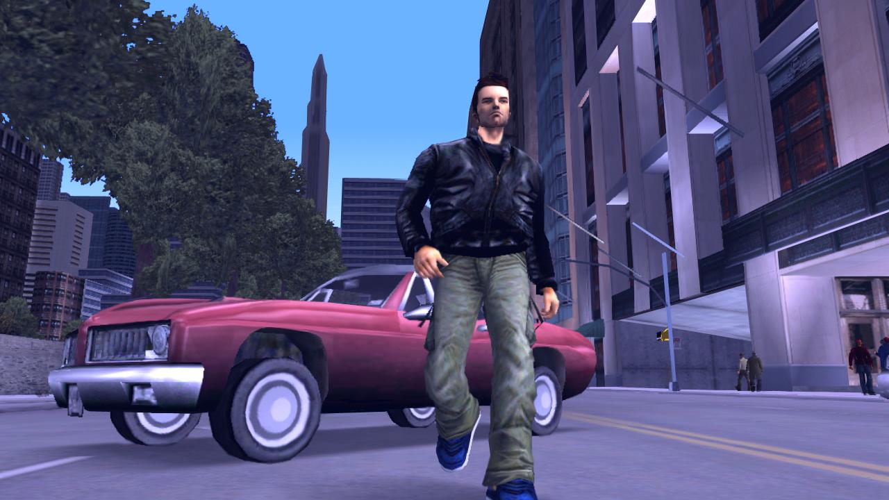 The antihero of Grand Theft Auto 3 walks away from his car in Liberty City.