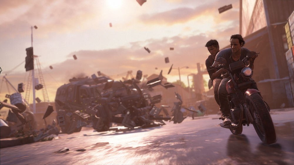 Nathan Drake and Sam ride a motorcycle.