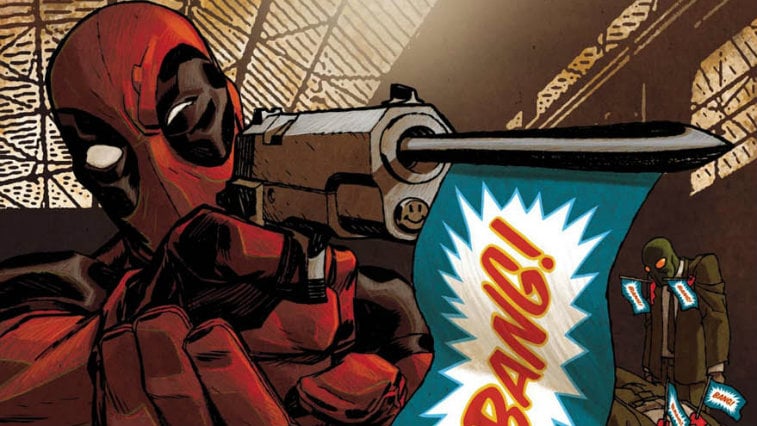 Deadpool firing a prop gun that says "Bang" on a flag