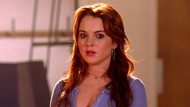 Lindsay Lohan makes a surprised face in a scene from Mean Girls