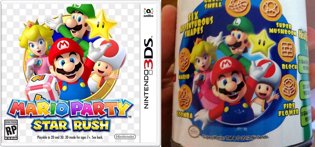 A comparison between the cover art of Mario Party: Star Rush and a Mario-themed can of Spaghettios.