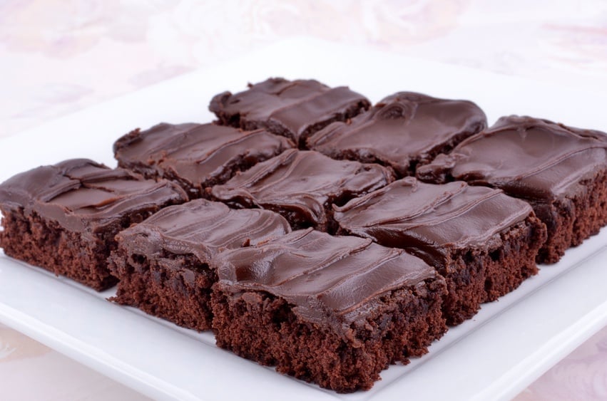 Chocolate brownies in a white tray