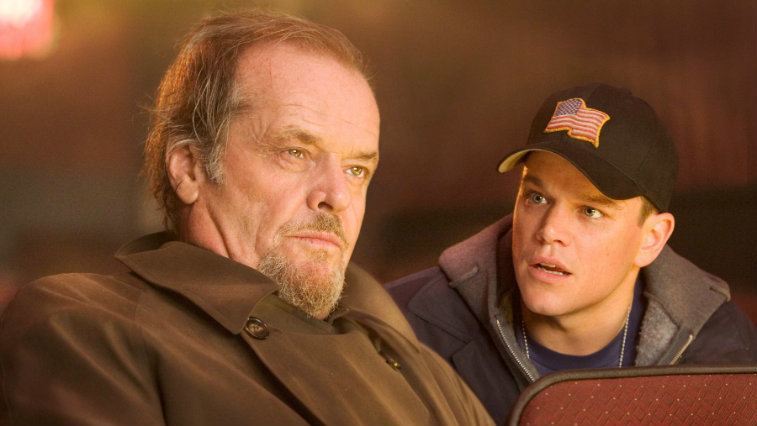 Matt Damon looking at Jack Nicholson in The Departed, while Nicholson looks ahead