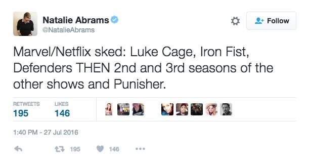 A tweet from Natalie Abrams about Marvel's Netflix Schedule