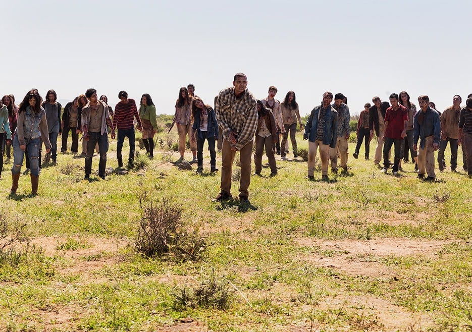 A hoard of walkers approach in a scene from Season 2 of AMC's 'Fear the Walking Dead'