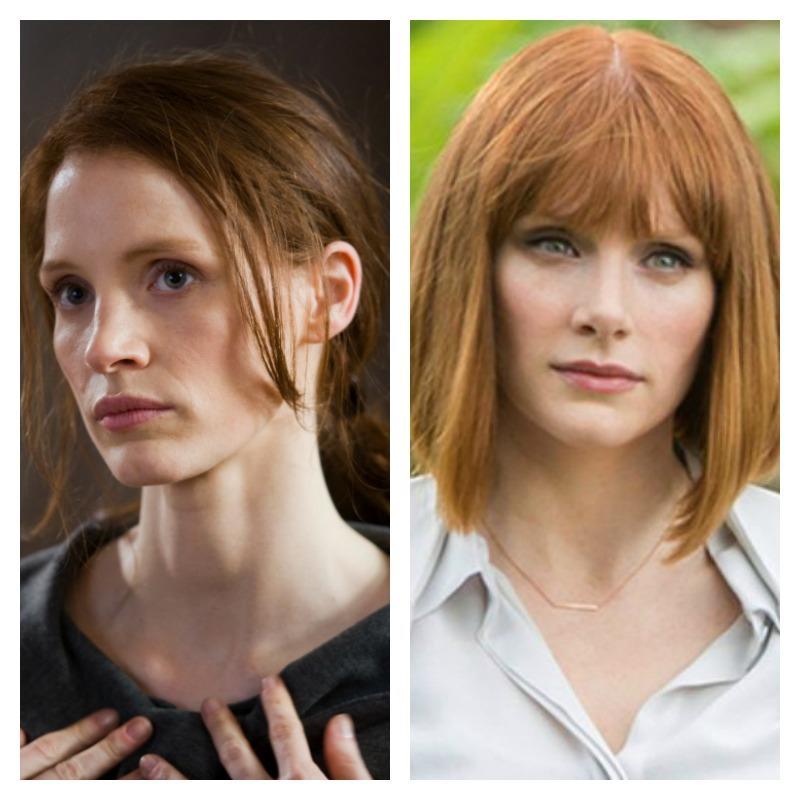 On the left is a picture of Jessica Chastain from Zero Dark Thirty. On the right is a picture of Bryce Dallas Howard in Jurassic World.