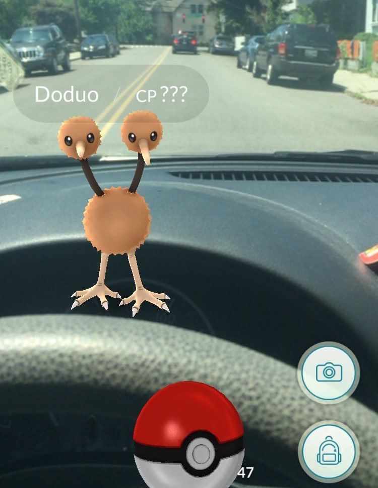 Some naughty gamer is playing Pokemon Go while driving.