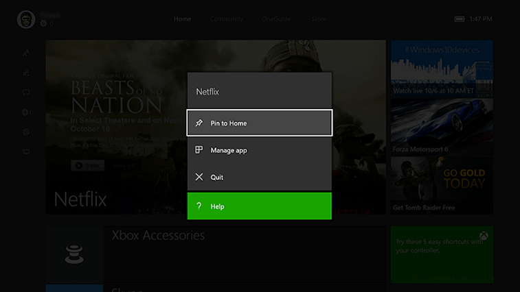 Xbox One pinning an app.