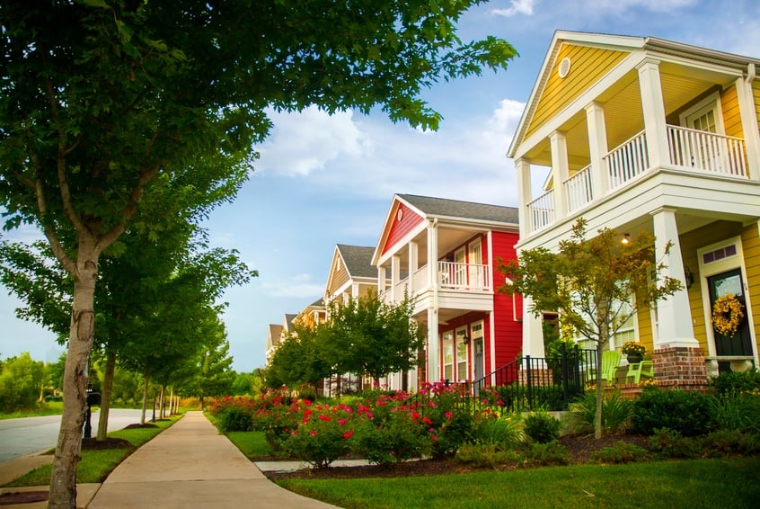Row of colorful garden homes