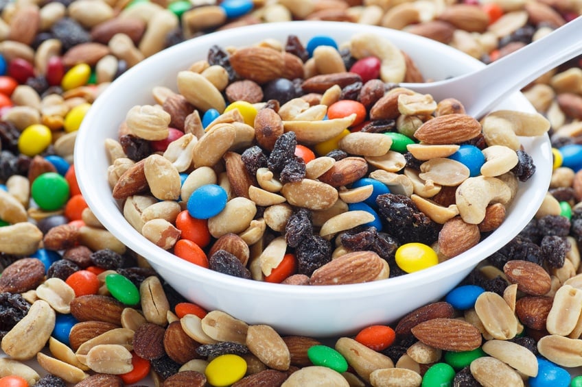 trail mix in a white bowl