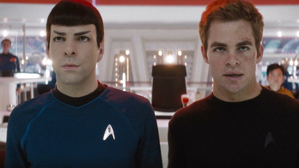 Zachary Quinto and Chris Pine in Star Trek, looking slightly up