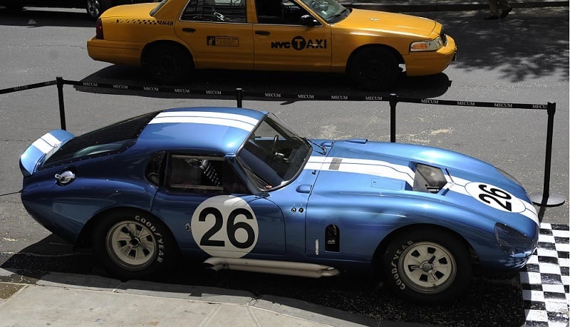 The 1965 Shelby Daytona Cobra Coupe CSX260 stands on display in front of New York's Plaza Hotel, during an auction preview in New York, April 28, 2009. The 1965 Shelby Daytona Cobra was one of six car built by Carroll Shelby and the first American race car to ever beat Ferrari in the world manufacturers racing championship. The car will presented on May 15, 2009 at an auction in Indianapolis and is expected to fetch a world record price for a car, with an estimate of 10-15 million USD.