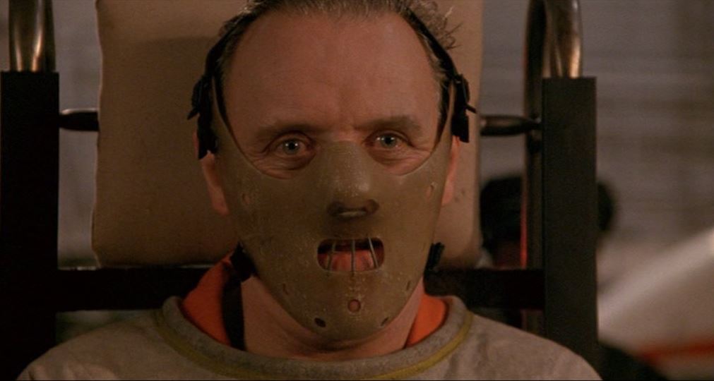 Hannibal Lector with his face mask on in The Silence of the Lambs.