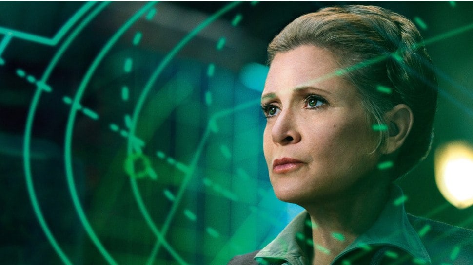 Leia looking to the left, highlighted by striking green lasers