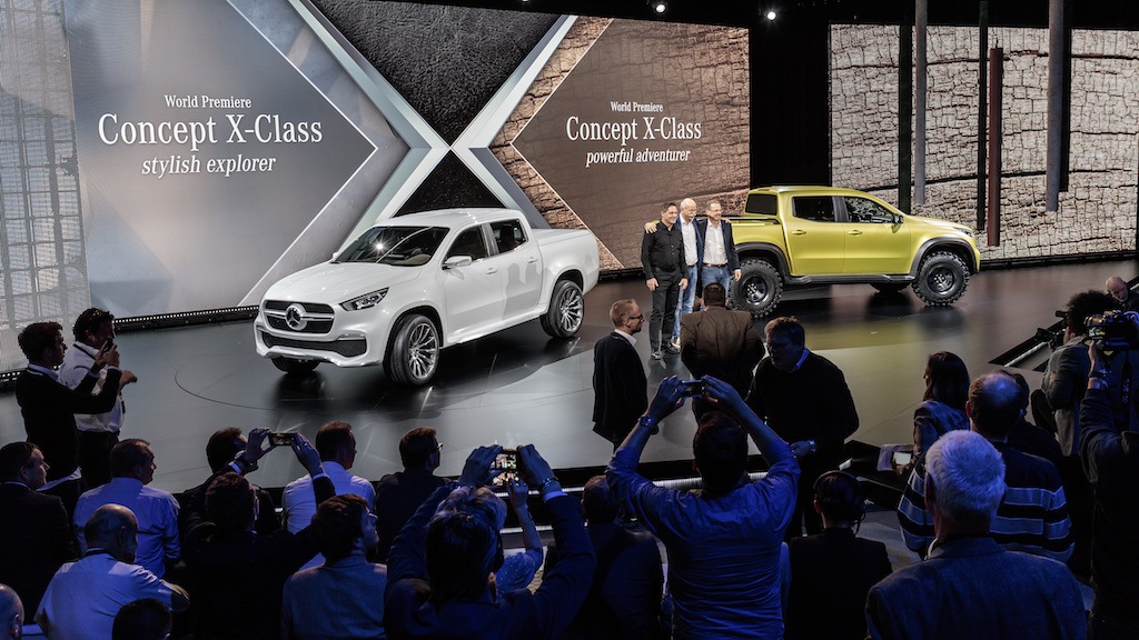 Gorden Wagener, Dr Dieter Zetsche, and Volker Mornhinweg at the reveal of the Mercedes-Benz Concept X-CLASS | Mercedes Benz