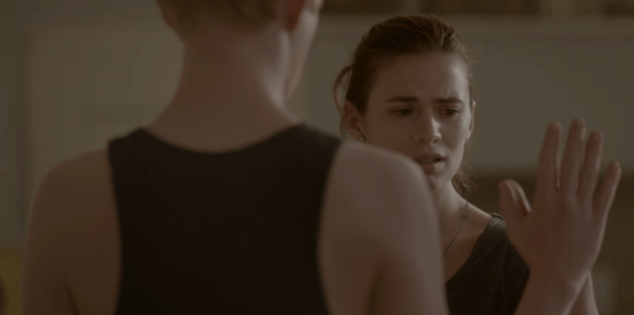 Martha (Hayley Atwell) looks in disbelief at Ash (Domhnall Gleeson) in a scene from 'Black Mirror's "Be Right Back"