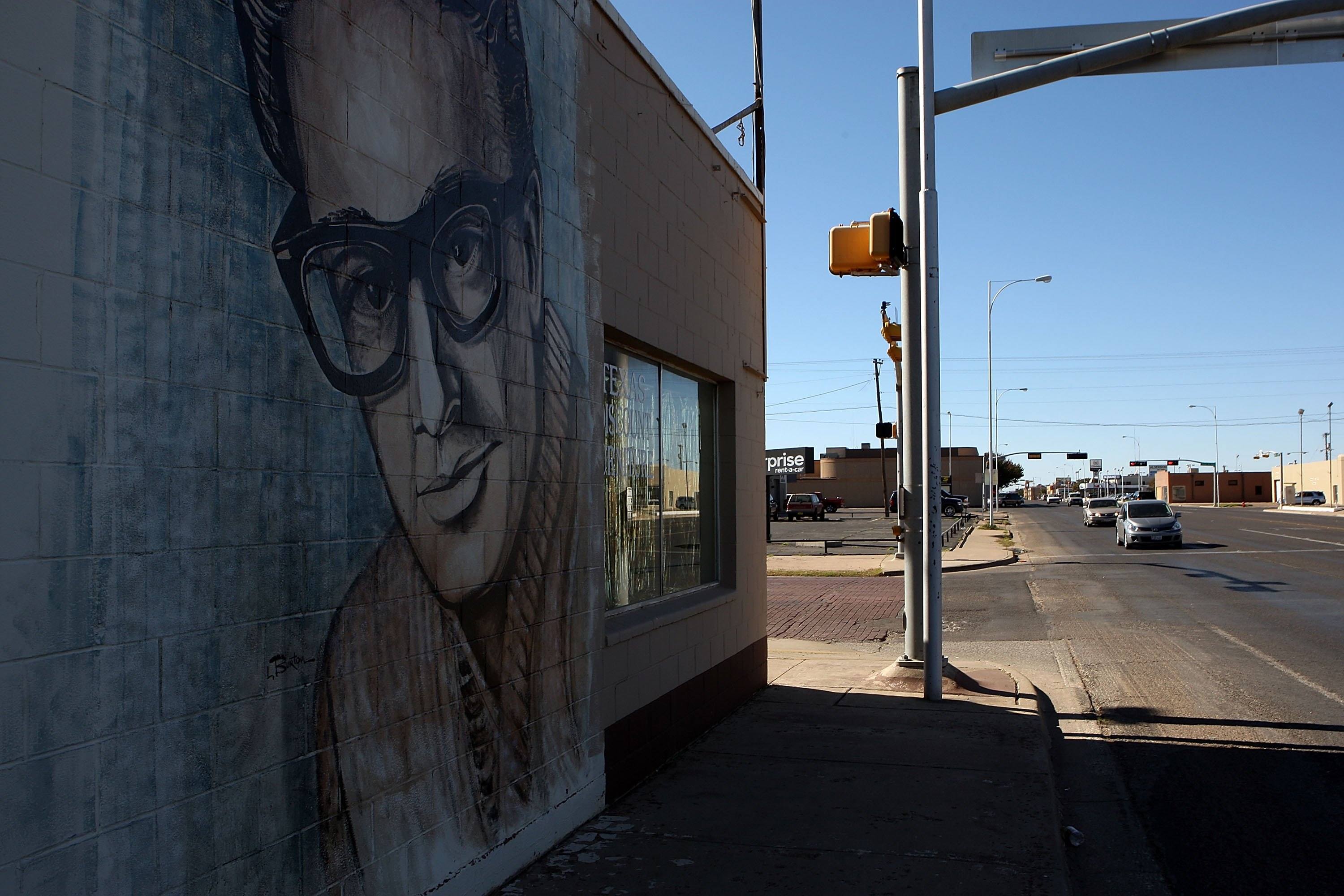 A wall painting of musician Buddy Holly in downtown Lubbock, Texas