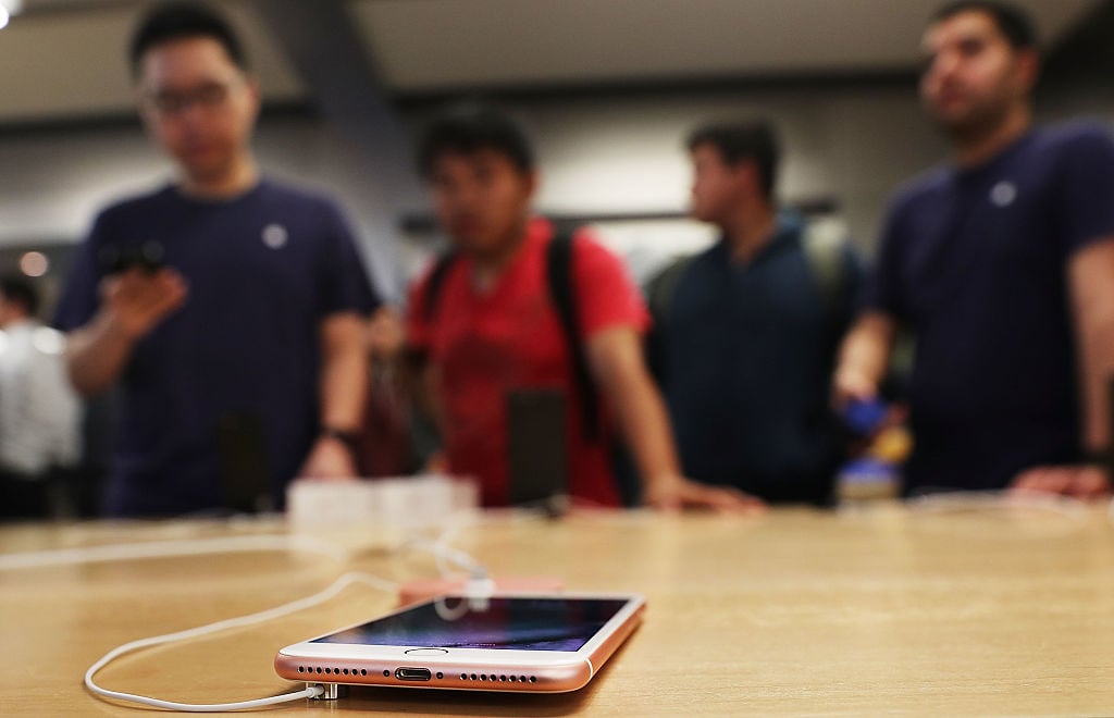 The new iPhone 7 is displayed on a table at an Apple store