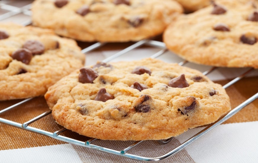 Warm, golden brown, chocolate chip cookie