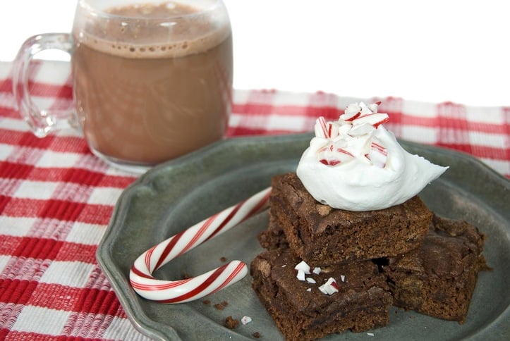 Cup of hot chocolate and brownie with candy cane