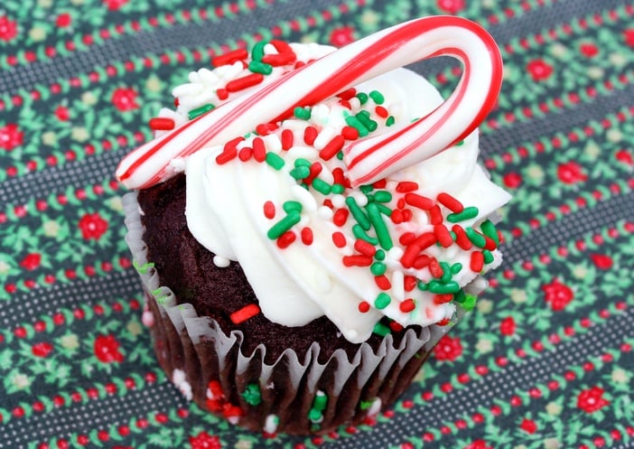 One chocolate cupcake frosted and decorated for the holidays