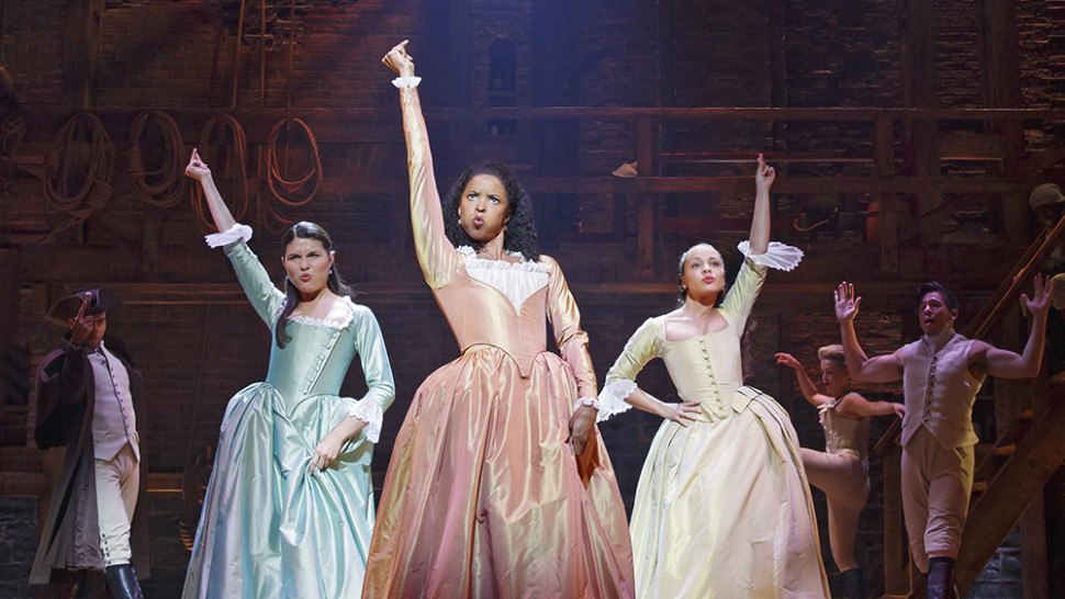 Eliza (Philippa Soo), Angelia (Renee Elise Goldsberry), and Peggy (Jasmine Cephas Jones) in a scene from 'Hamilton'