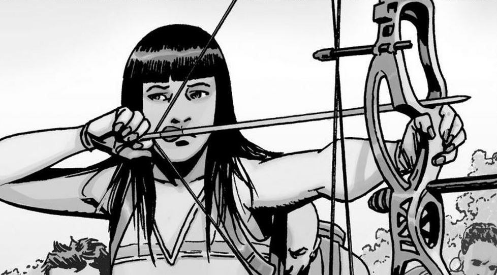 Yumiko aims her bow and arrow in a panel from 'The Walking Dead' comics.