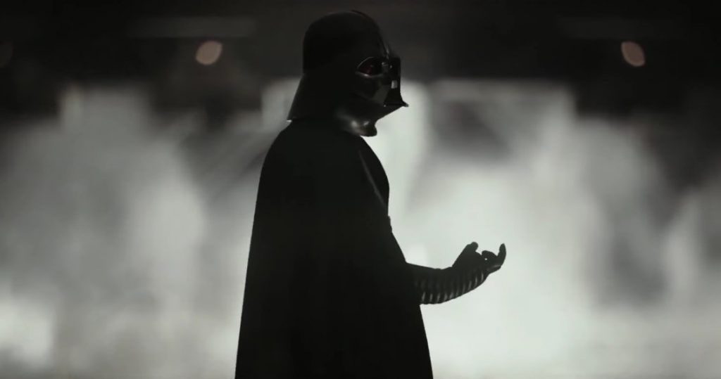 Darth Vader looking back with his hand curled in Rogue One