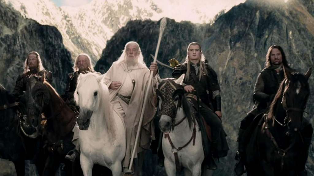 Denethor, Gandalf, Legolas and Aragorn ride horses in a scene from 'Lord of the Rings: The Two Towers'