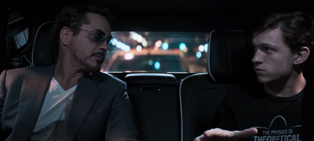 Tony Stark and Peter Parker in the back of a limo together