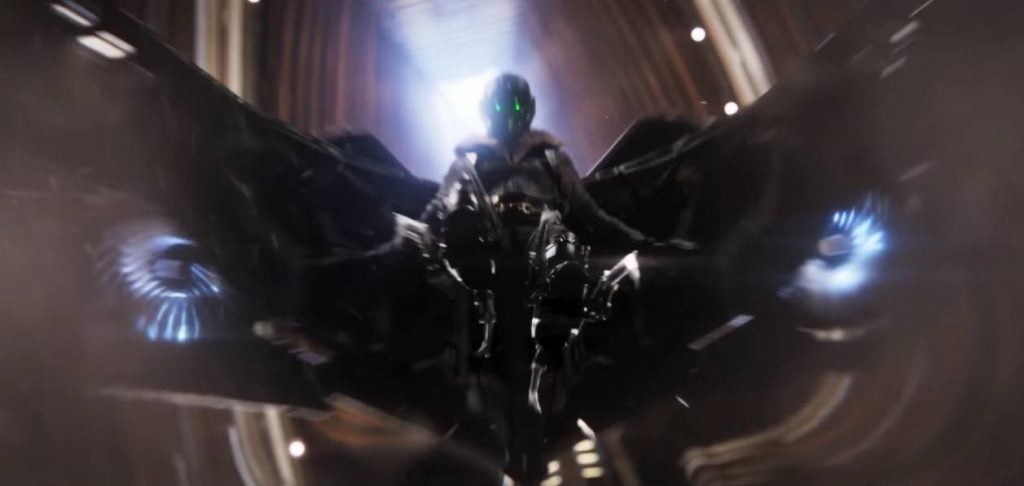 Vulture in a flying super-suit, descending through a narrow building with his claws out