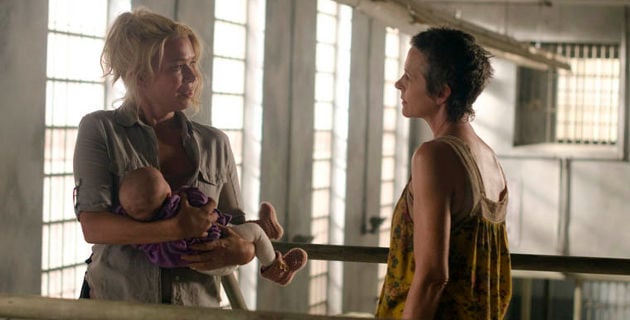 Andrea holds Judith while talking to Carol in a scene from 'The Walking Dead' episode 'I Ain't a Judas'