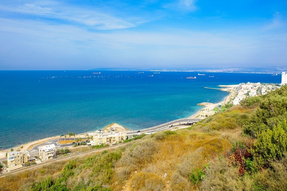 A view of sailboats in the distance in Haifa, Israel