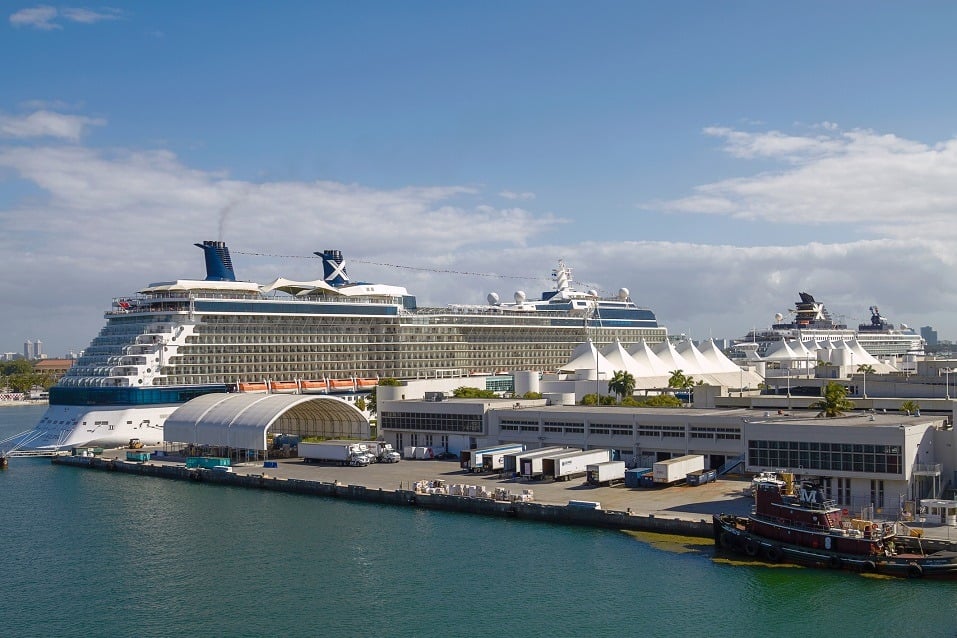 Cruise ships sit parked in the Port of Miami in Miami, Florida