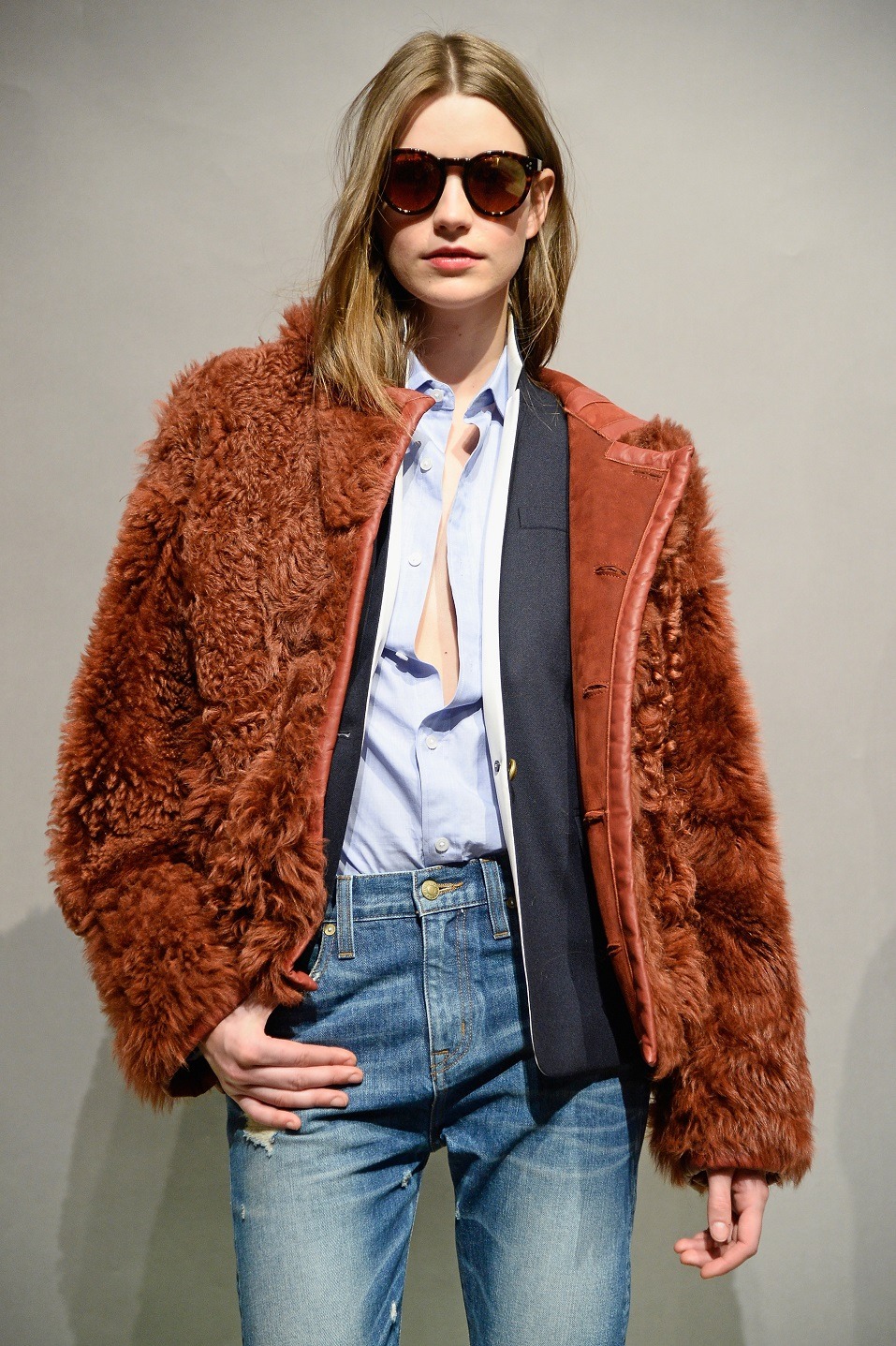 A model poses at the J.Crew presentation during Mercedes-Benz Fashion Week Fall 2015