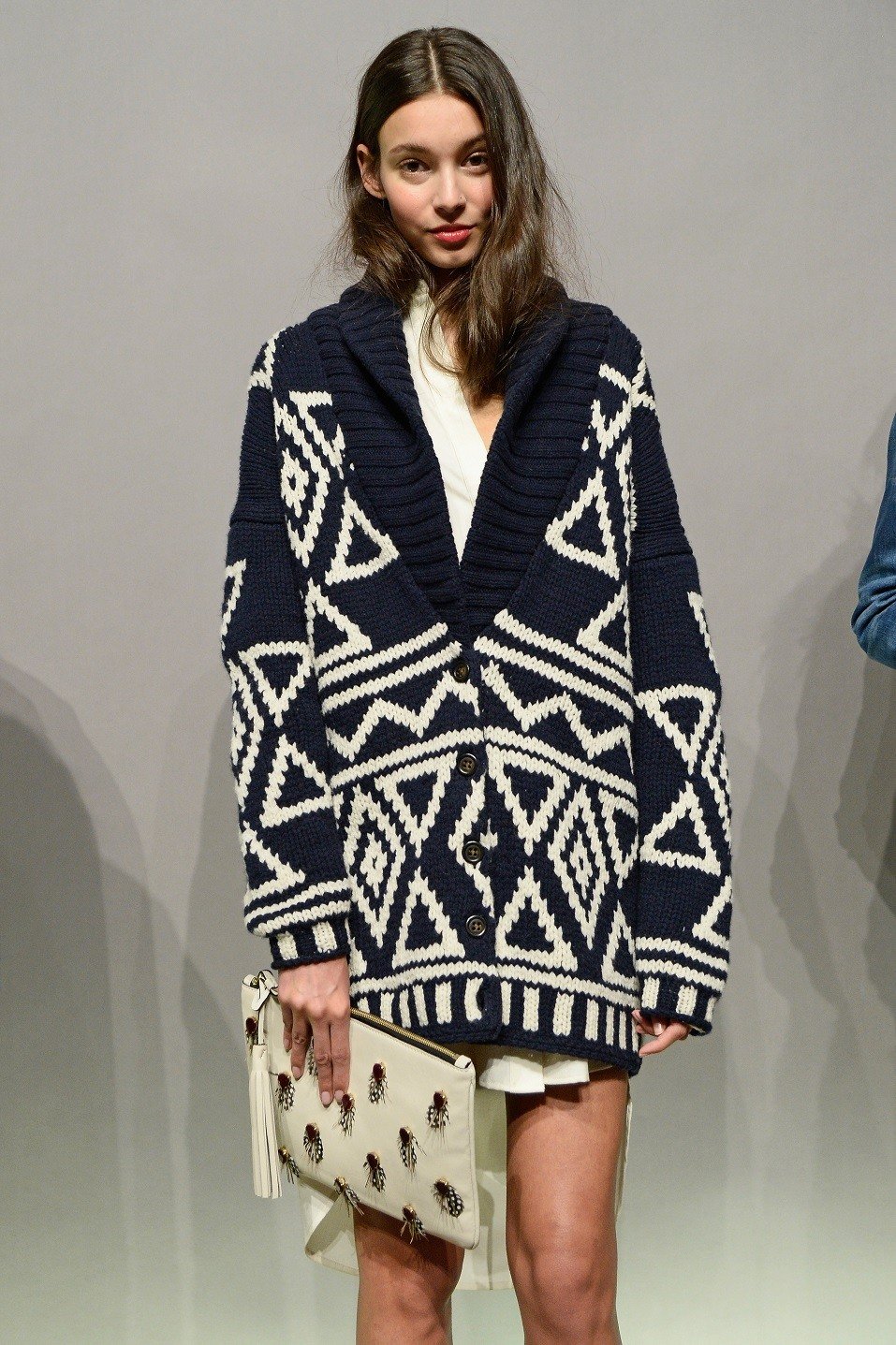 A model poses at the J.Crew presentation during Mercedes-Benz Fashion Week