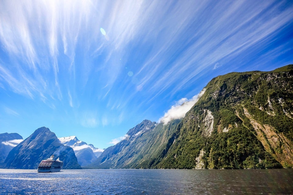 A cruise ship heads to Milford Sound, New Zealand