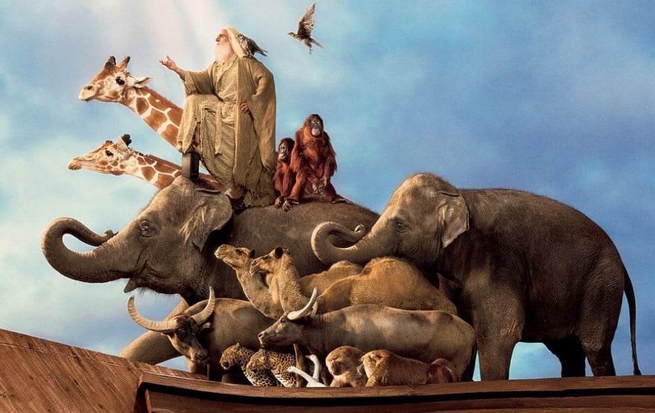 Steve Carrell as Noah, standing on top of a bunch of jungle animals on a boat