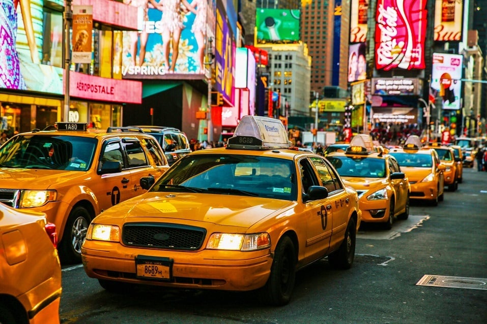 Taxis on 7th Avenue at Times Square