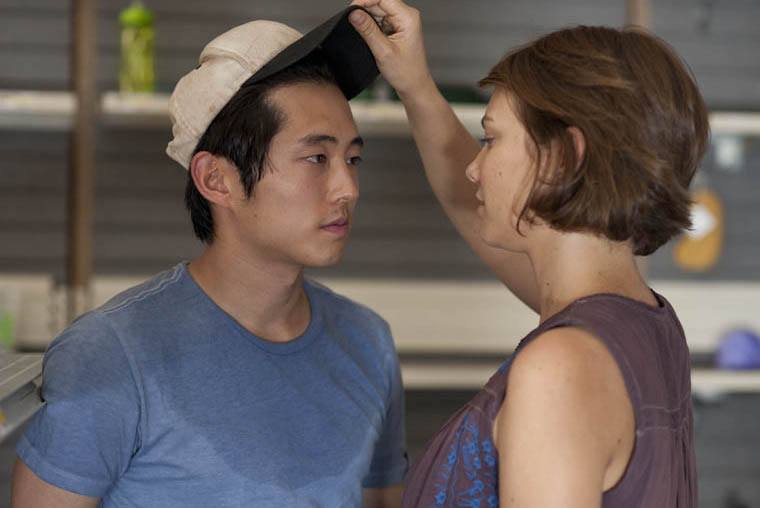 Maggie takes Glenn's hat off in the pharmacy in 'The Walking Dead' episode, "Cherokee Rose"