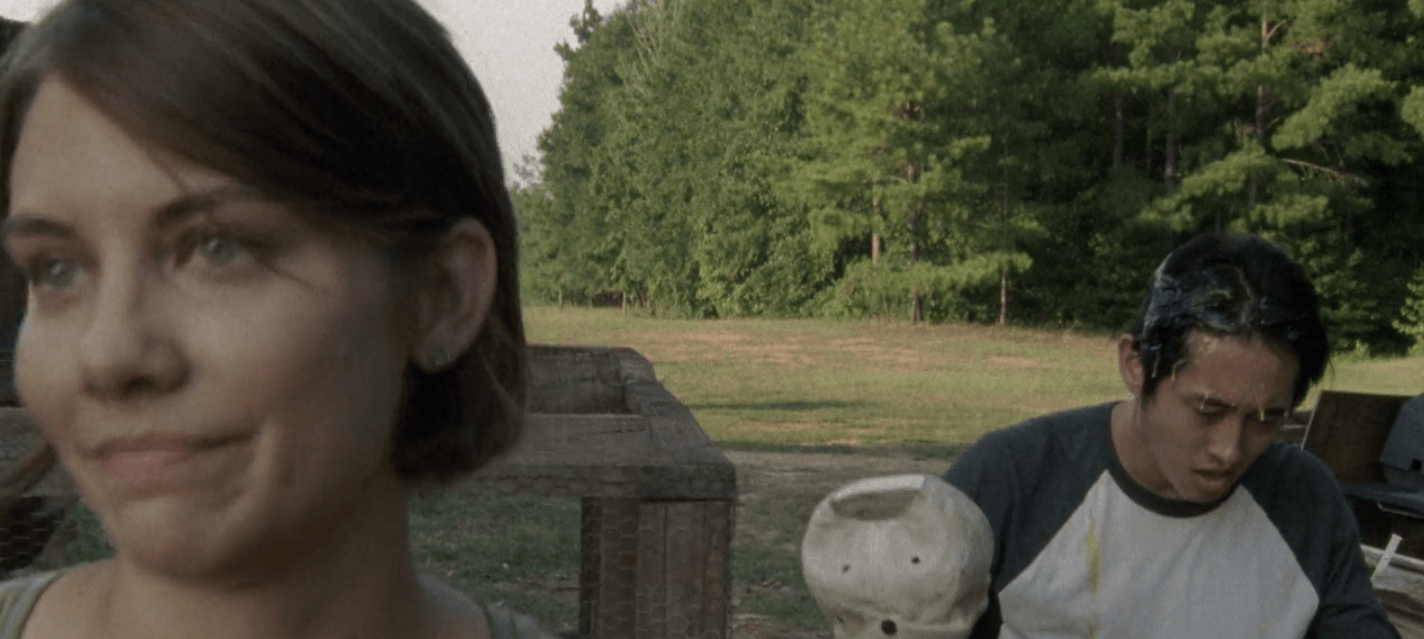 Maggie walks away after smashing an egg on Glenn's head in a scene from 'The Walking Dead' episode "Pretty Much Dead Already"