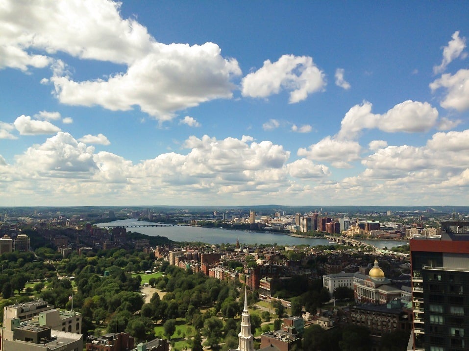 aerial view of the Charles River and Massachusetts State House