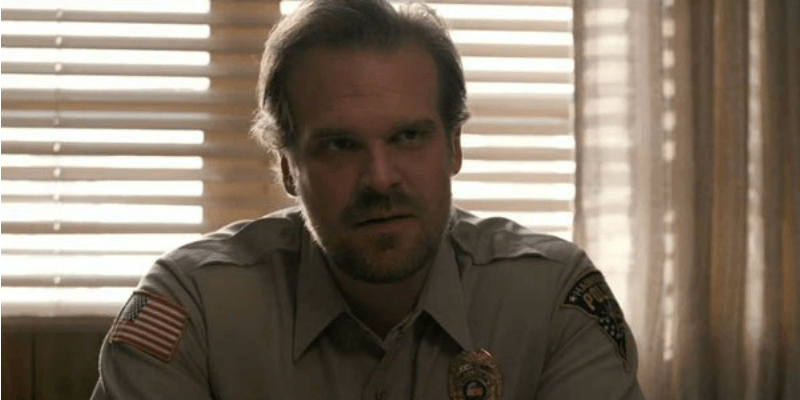 David Harbour dressed as police officer Jim Hopper