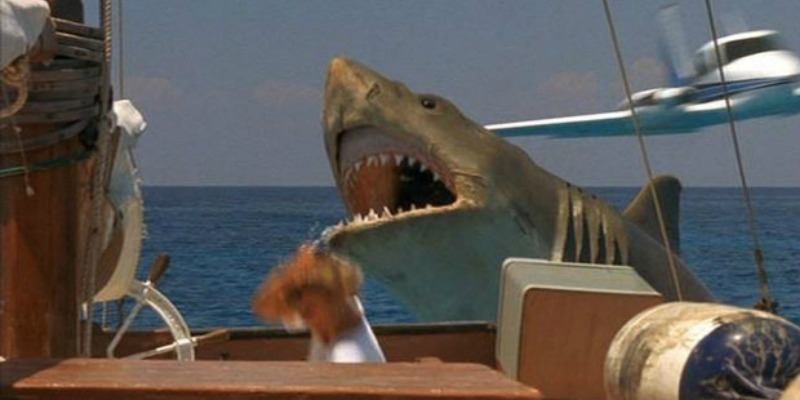 Shark is jumping out of the water while a woman is running away