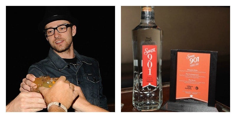 On the left is a picture of Justin Timberlake about to take a shot and on the right is a picture of a bottle of 901 Tequila 
