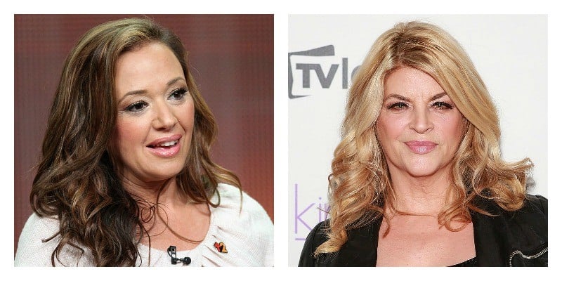 On the left is a picture of Leah Remini talking. On the right is a picture of Kirstie Alley on the red carpet.