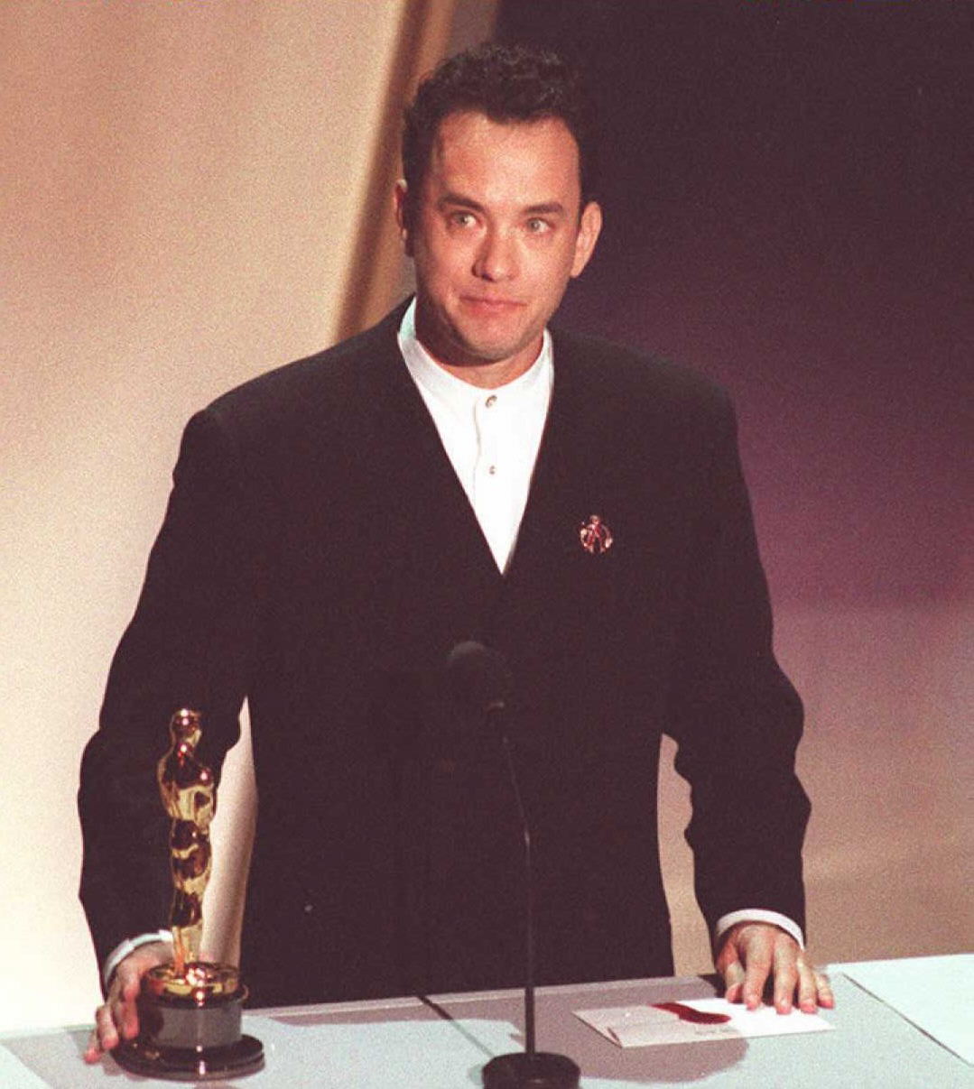 US actor Tom Hanks holds his Oscar 27 March as he speaks to the audience at the 67th annual Academy Awards