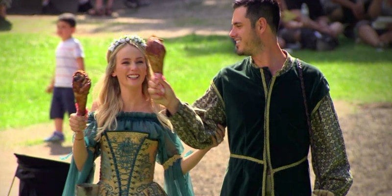 Ben and Lauren are holding up ice cream cones and dressed in mid evil costumes on Ben & Lauren Happily Ever After?