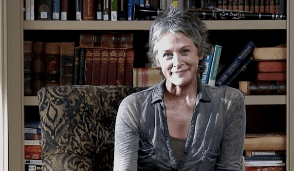 Carol stares into Deanna's camera in a scene from 'The Walking Dead' episode 'Remember'