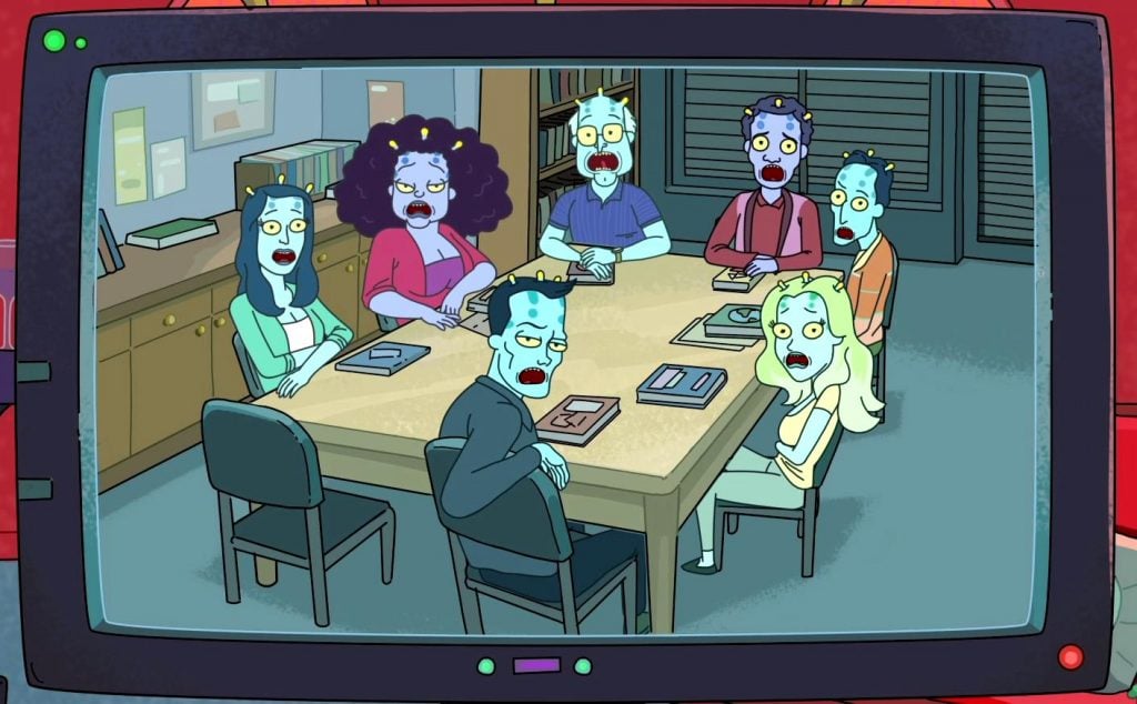 the characters of Rick and Morty at a large table